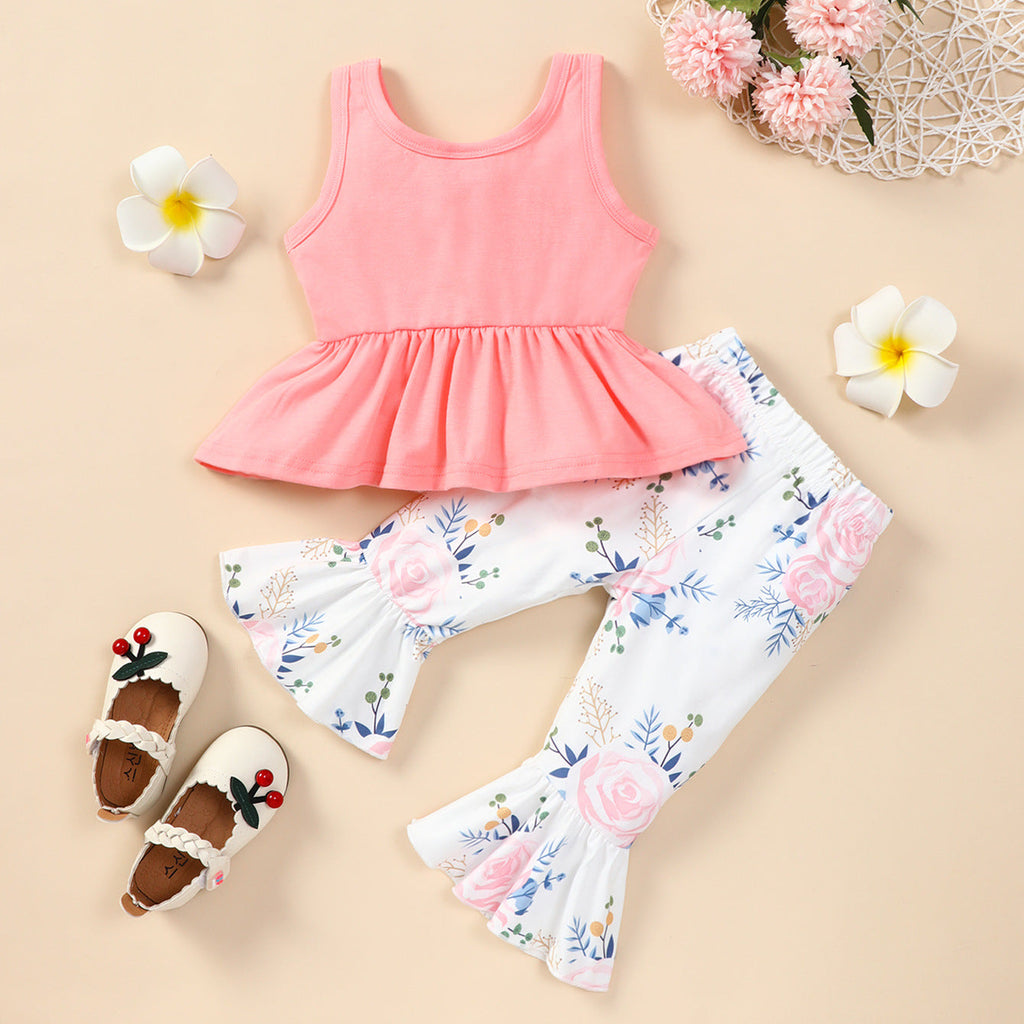 Baby Girl Sleeveless Bow Top And Flower Pattern Flare Pants Baby Outfit Sets - PrettyKid