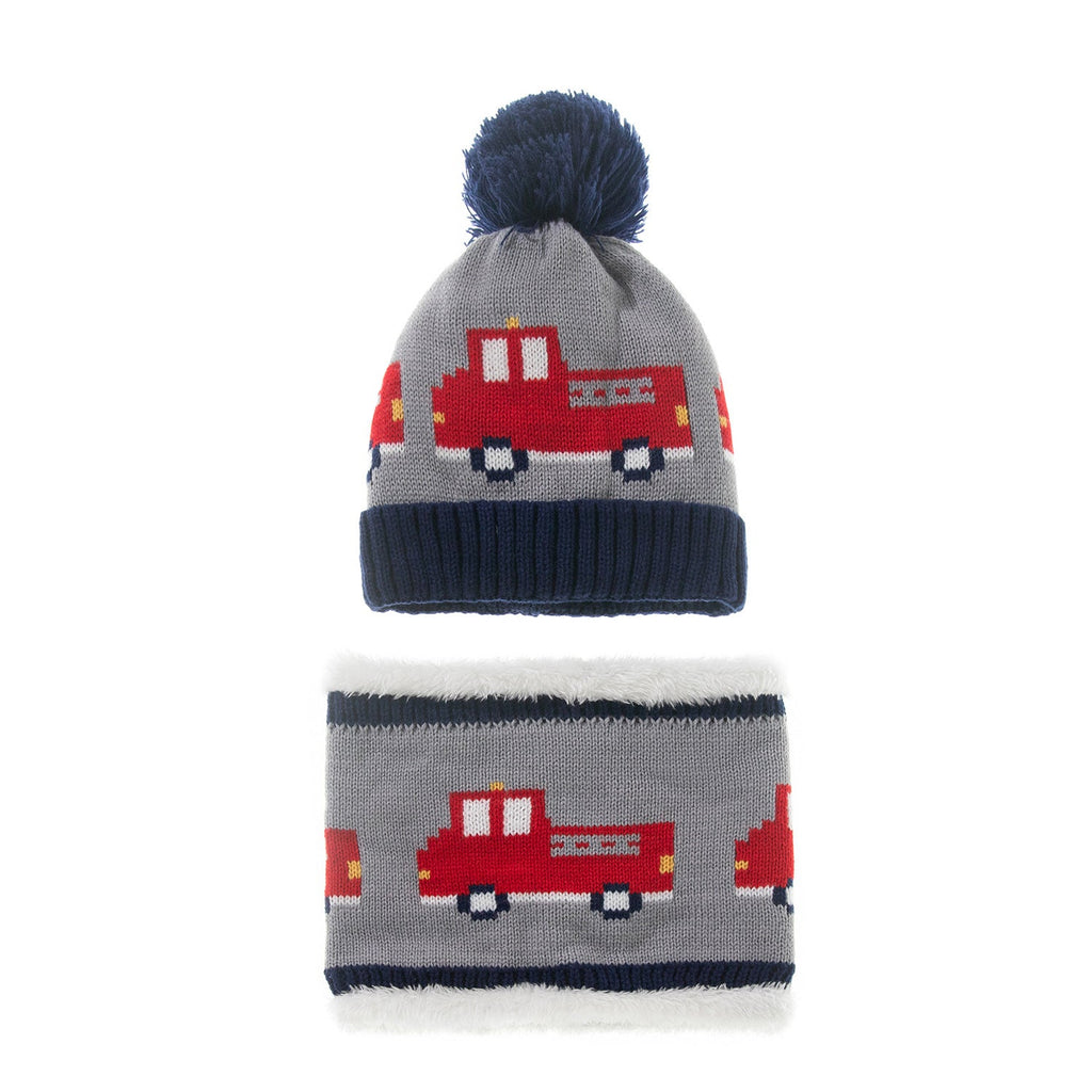 Car Print Knitted Baby Pom Hat And Scarf - PrettyKid