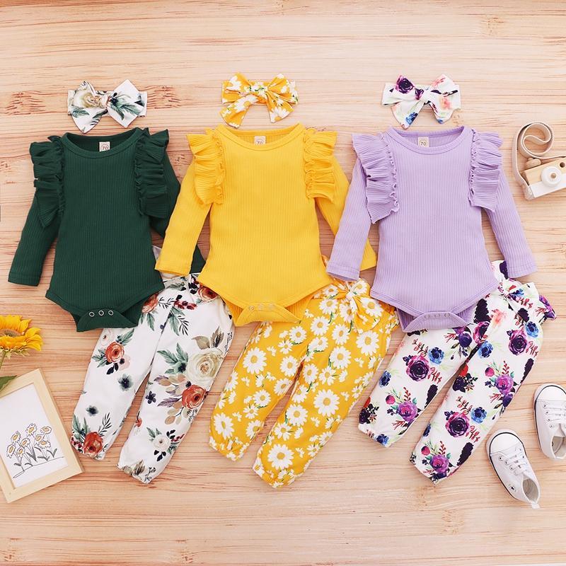 3pcs Leaf Sleeve Bodysuit and Pants Set - PrettyKid