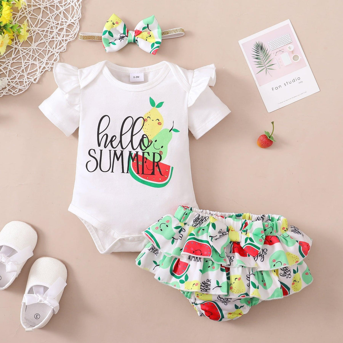 Baby Girl Monogram & Fruit Print Bodysuit And Briefs With Headband Baby Outfit Sets - PrettyKid