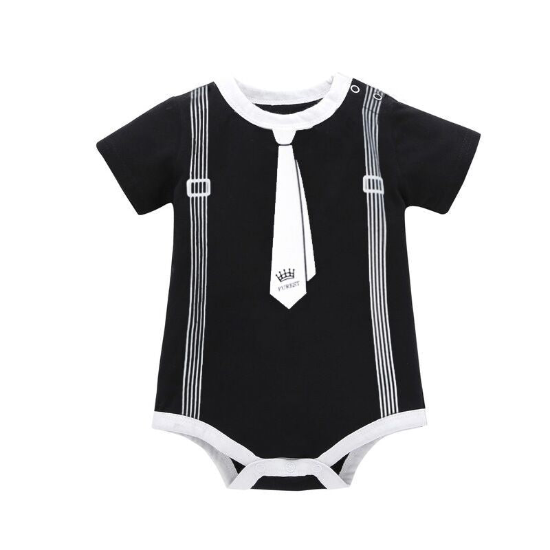 Baby Boys Solid Color Gentleman Print Short Sleeve Triangle Romper Jumpsuit - PrettyKid