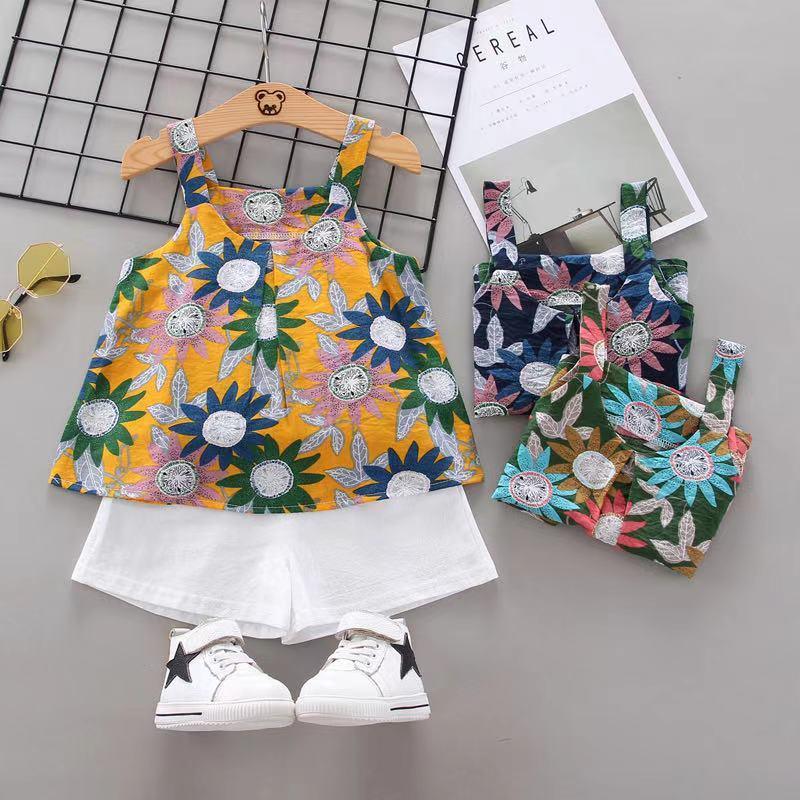 Toddler Girl Floral Print Suspender Top & Shorts Wholesale Children's Clothing - PrettyKid