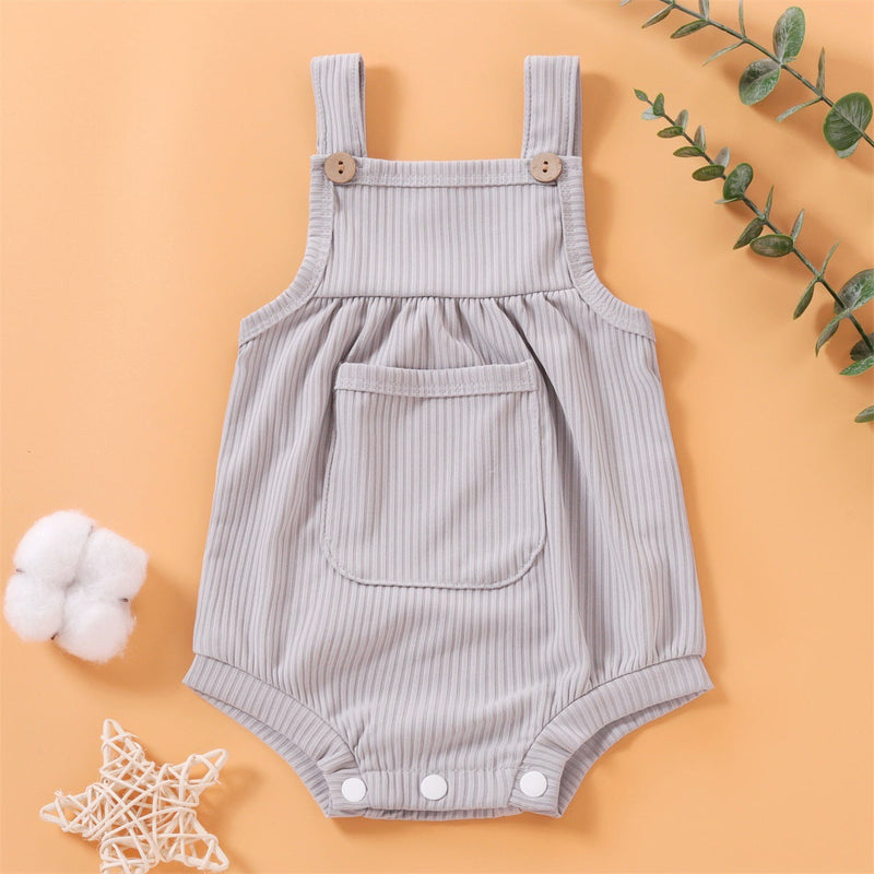 Baby Girl Solid Color Ribbed Suspender Bodysuit Baby One Piece Jumpsuit - PrettyKid