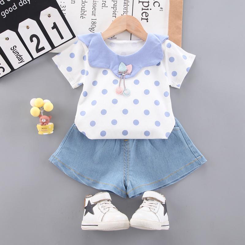 Toddler Girl Polka Dot T-shirt & Denim Shorts Wholesale Children's Clothing - PrettyKid