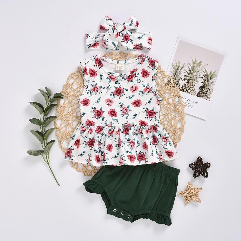 3-piece Floral Printed Dress & Shorts & Headband for Baby Girl - PrettyKid