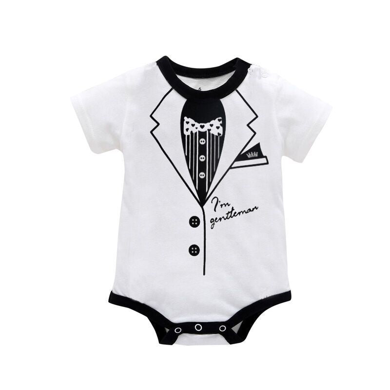 Baby Boys Solid Color Gentleman Print Short Sleeve Triangle Romper Jumpsuit - PrettyKid