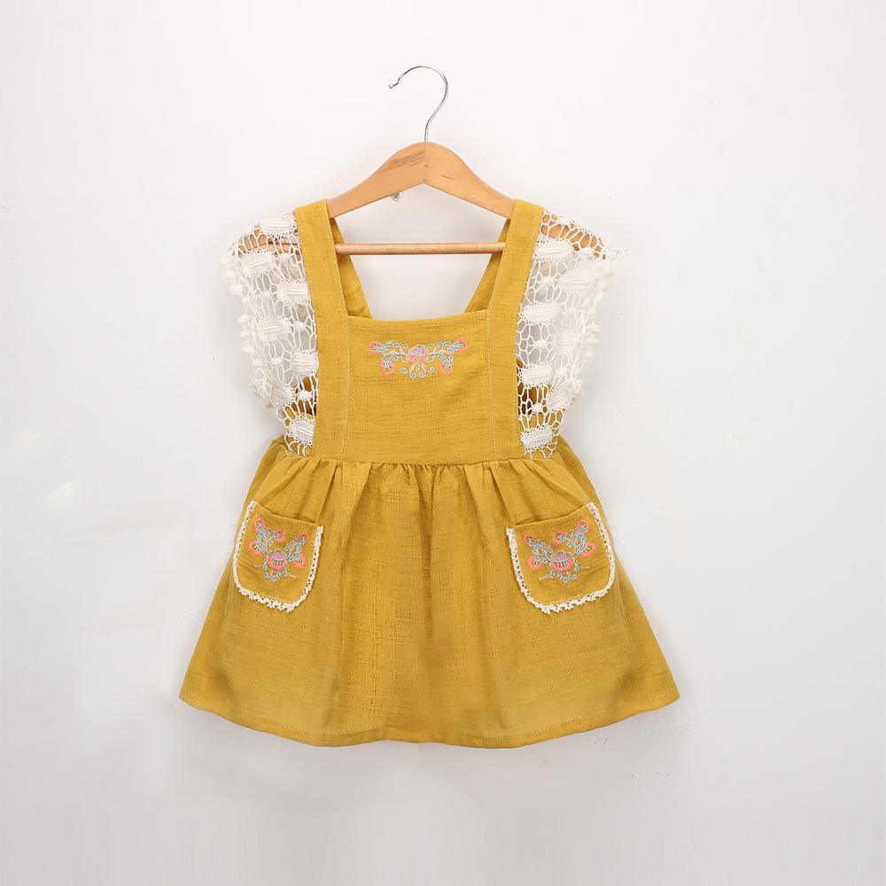 Toddler Girl Flower Embroidery Back Belt Skirt Lace Cotton Linen Dress - PrettyKid