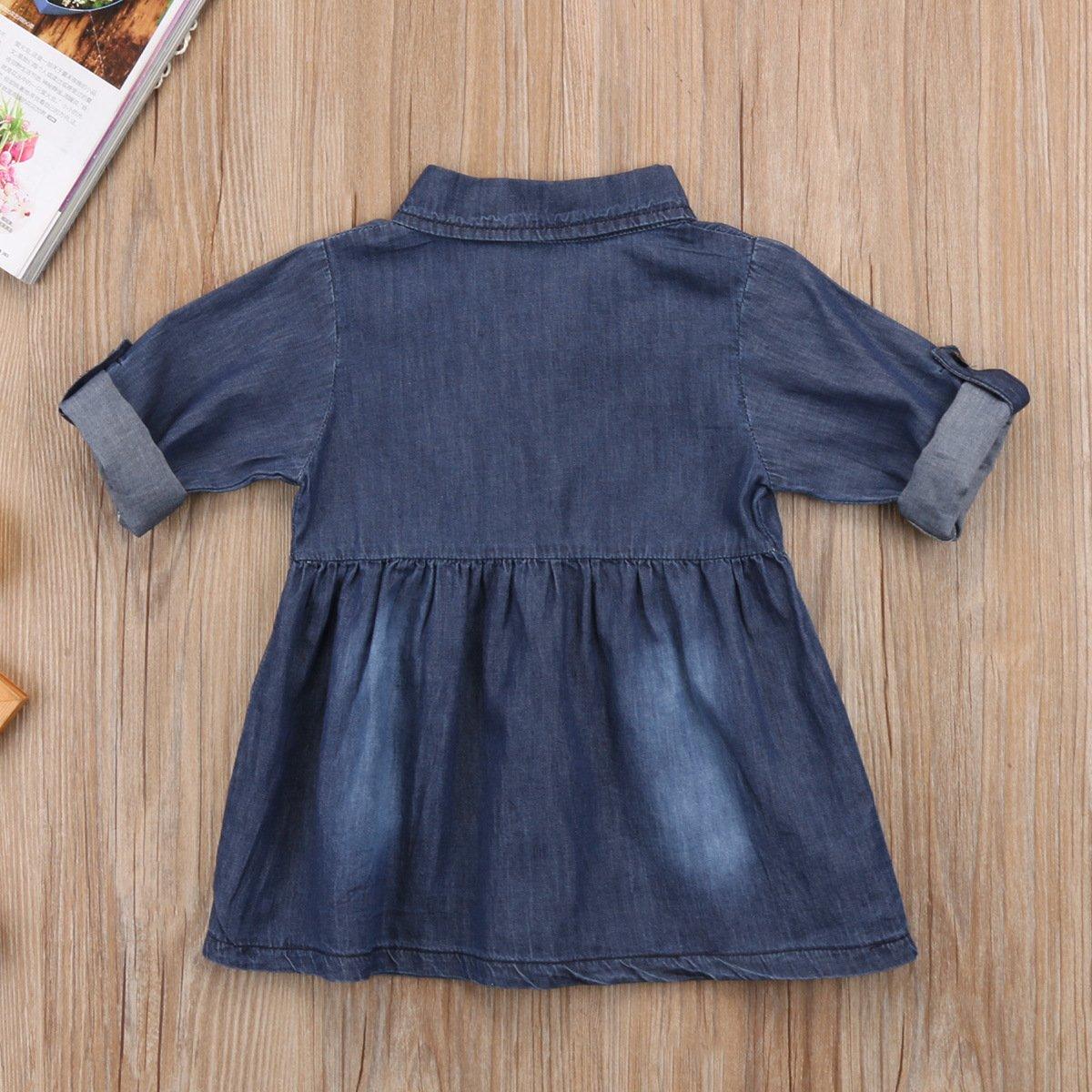 Toddler girl Denim Long Sleeve Shirt Dress - PrettyKid