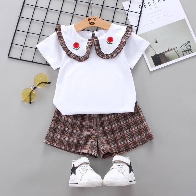 Toddler Girl Doll Collar T-shirt & Check A-line Shorts Wholesale Children's Clothing - PrettyKid