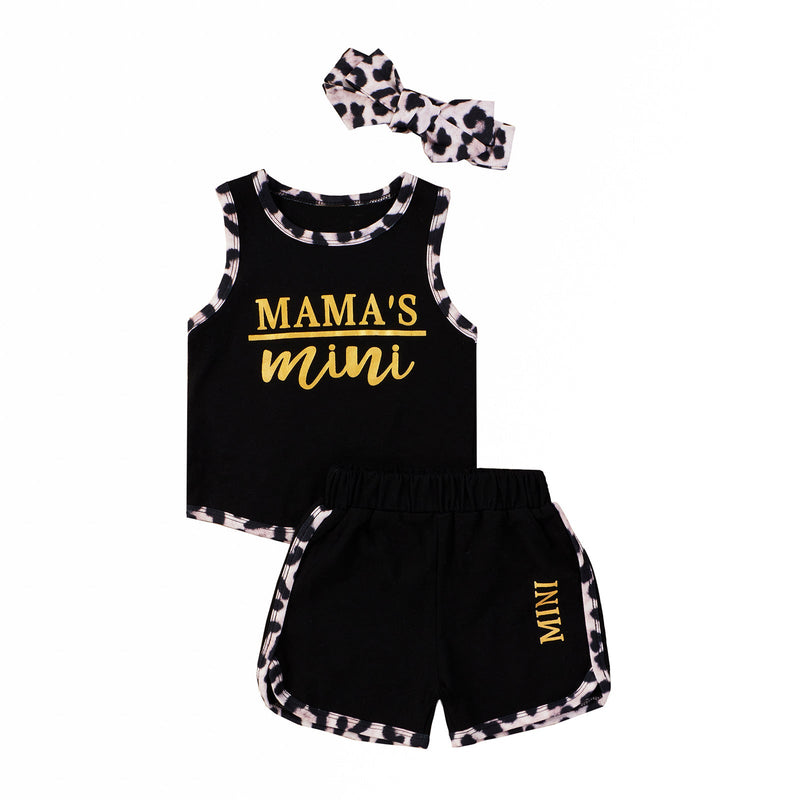 3months-3years Baby Toddler Girl Sets Leopard-Print Letter Vest & Shorts & Hair Accessories Three-Piece Suit Bulk Baby Clothes - PrettyKid