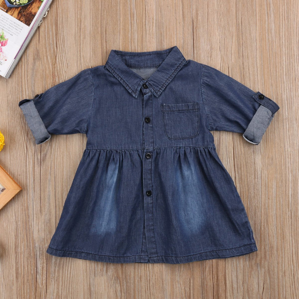 Toddler girl Denim Long Sleeve Shirt Dress - PrettyKid