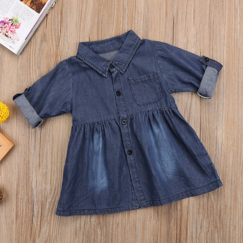 Toddler girl Denim Long Sleeve Shirt Dress - PrettyKid