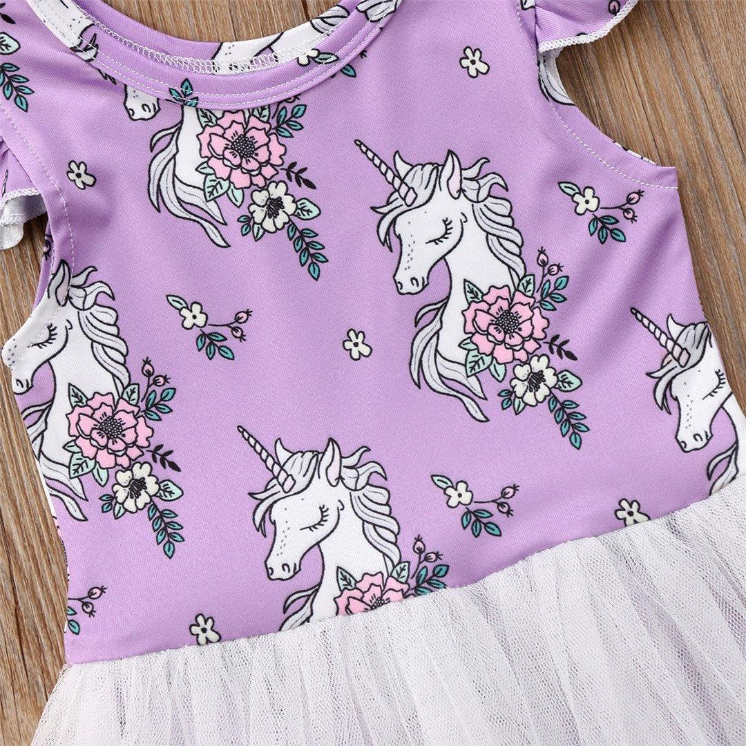 Toddler Girls Cute Unicorn Fly Sleeve Mesh Princess Dress - PrettyKid