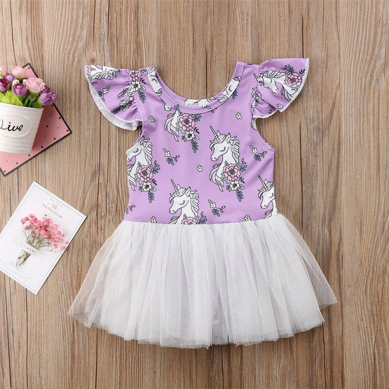 Toddler Girls Cute Unicorn Fly Sleeve Mesh Princess Dress - PrettyKid