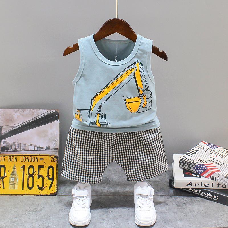 2pcs Cute Backhoe Prints Top and Pants Wholesale children's clothing - PrettyKid