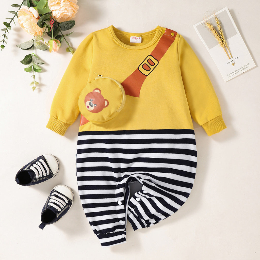 Wholesale Baby Stripes Printed Long-sleeved Long-leg Romper with Bag in Bulk - PrettyKid
