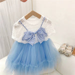 9M-6Y Cute Dresses For Girls Checked Bow Mesh Short Sleeves Toddler Girl Wholesale Clothing - PrettyKid