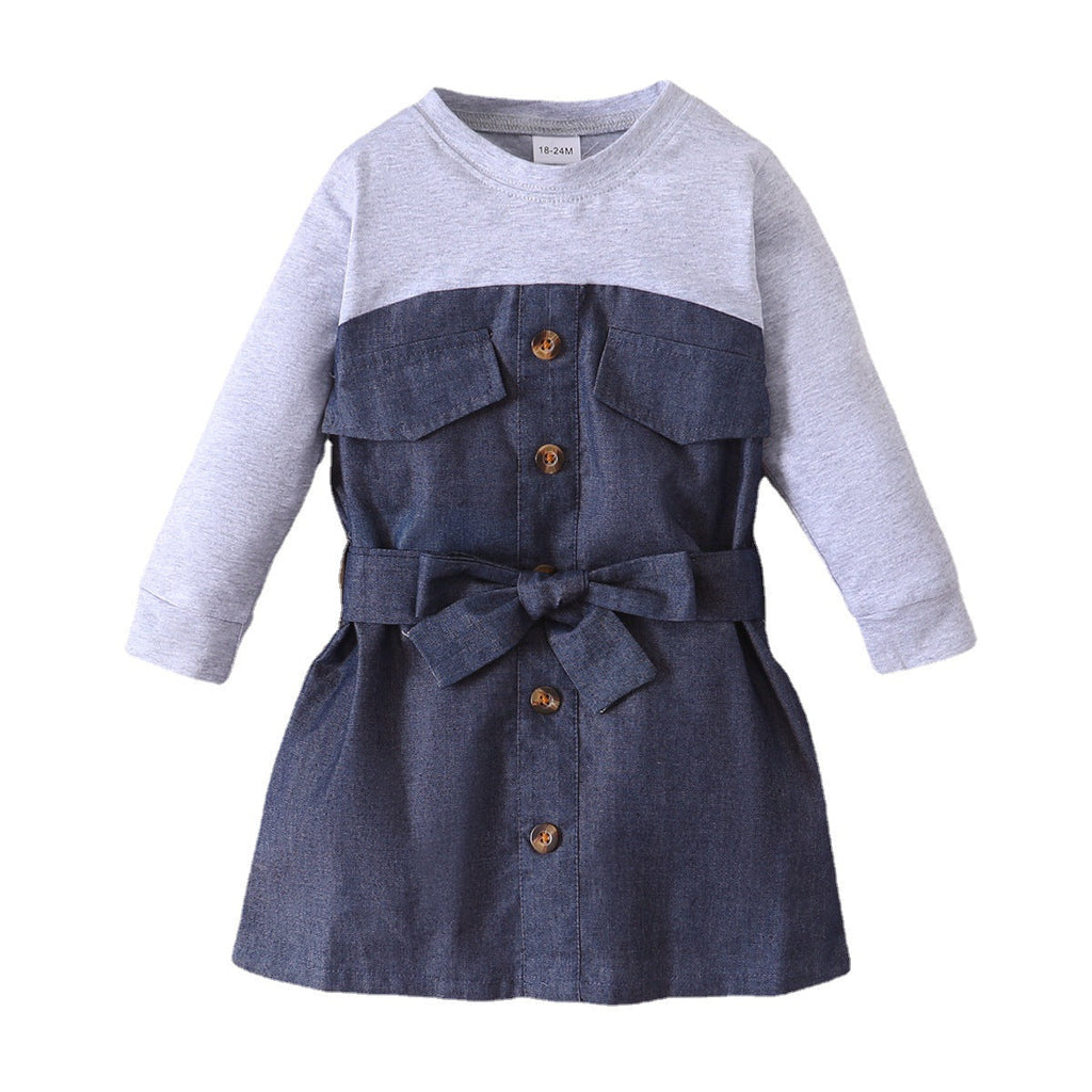 Colorblock Denim Dress With Bow Toddler Dress Suit - PrettyKid