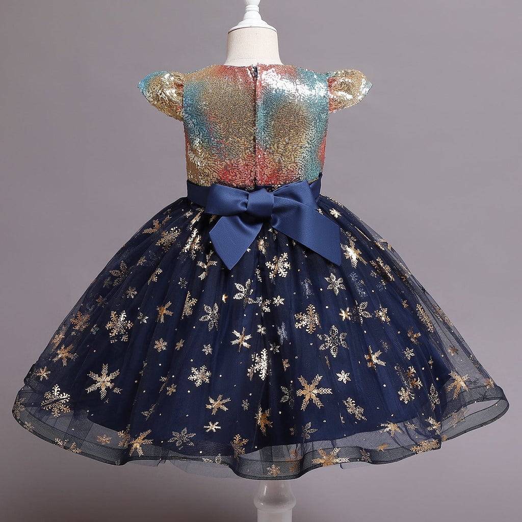 Christmas Snowflake Print Net Yarn Toddler And Kid Girl Party Dresses - PrettyKid