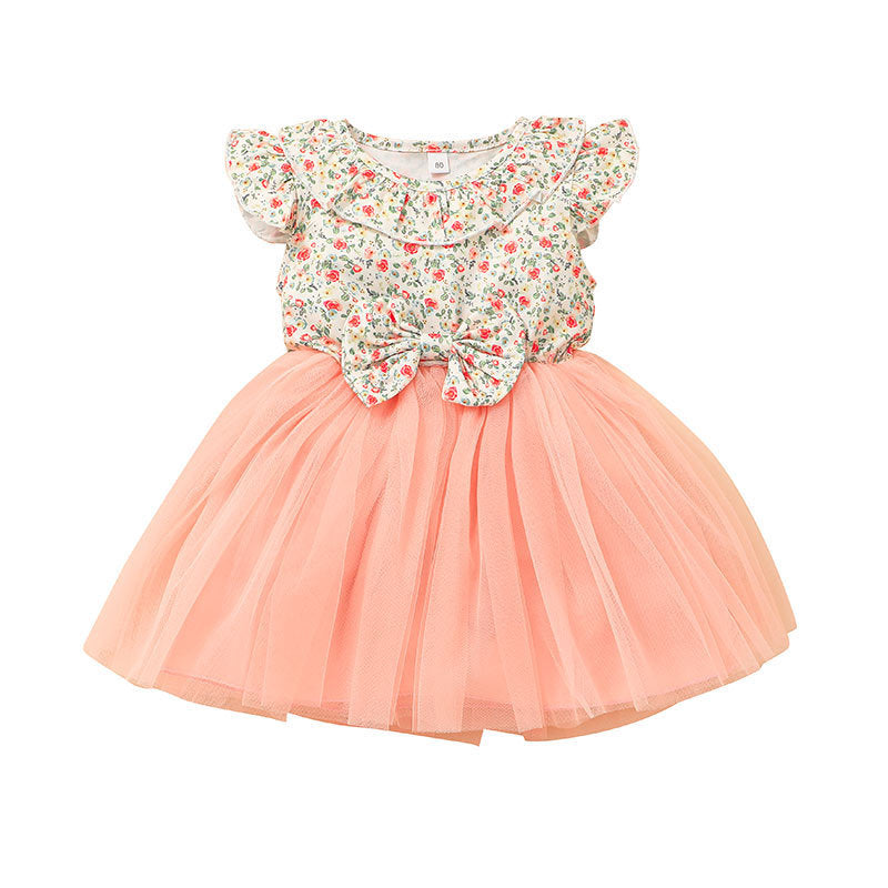 Bow Floral Print Mesh Panel Dress Little Princess Dresses For Toddlers - PrettyKid