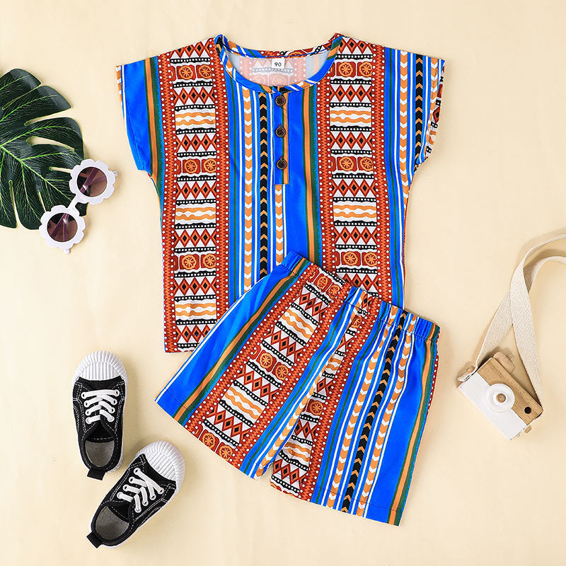 9M-4Y Toddler Girls Sets Folk-Custom Half-Button Top With Shorts Wholesale Girl Clothes - PrettyKid