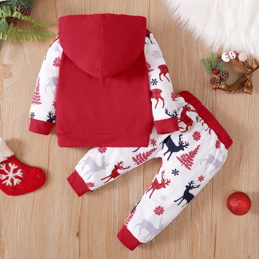 Christmas Colorblock Letters & Elk Print Hoodie And Pants Baby Boy 2 Piece Outfits - PrettyKid