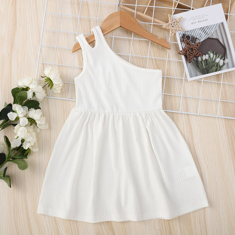 18M-6Y Toddler Girls White One-Shoulder Sling Ribbed Dresses Wholesale Girls Clothes - PrettyKid