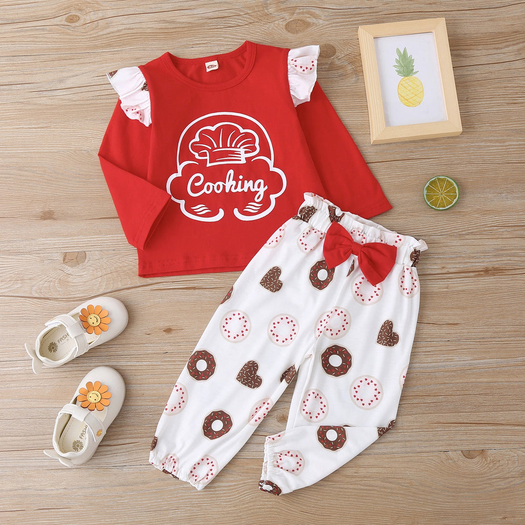 Cooking Pattern Top And Donut Pattern Pants Baby Girl Outfit Sets - PrettyKid