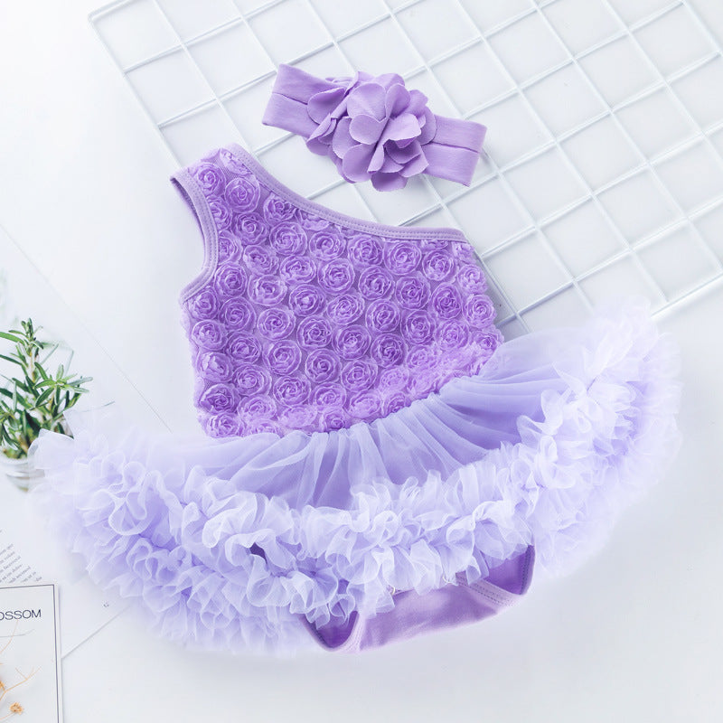 Baby Girl Clothes Wholesale One-Shoulder Flower Mesh Tutu Dresses & Headband - PrettyKid