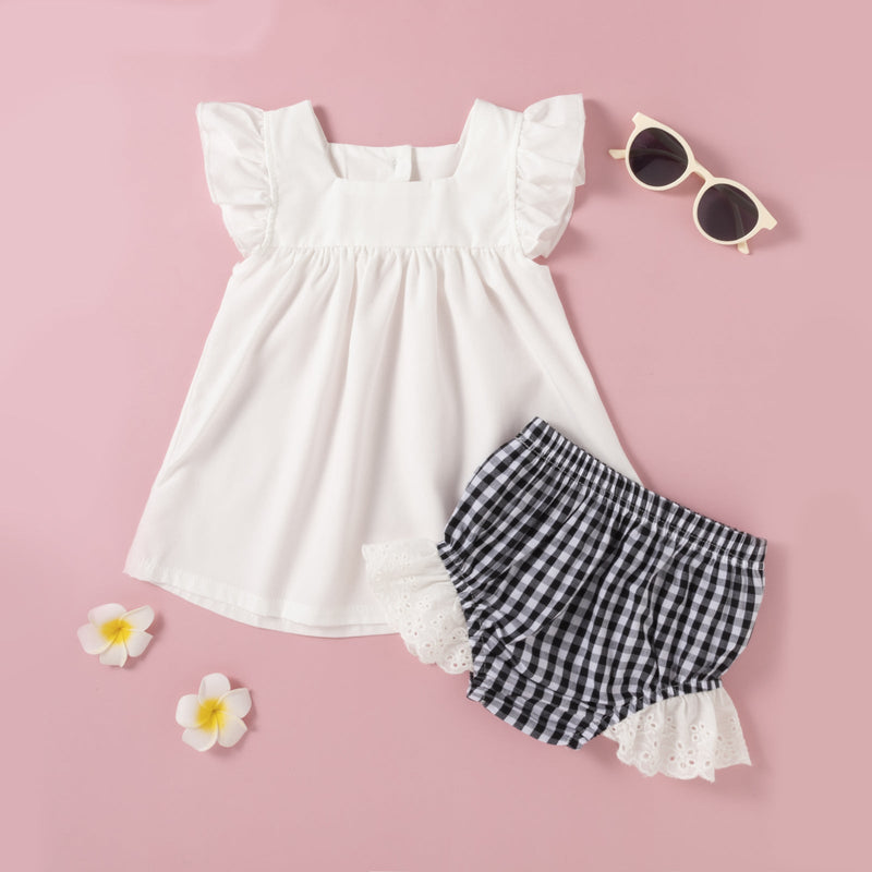 Baby Girl Flying Sleeve Dress Top And Plaid Briefs Baby Outfit Sets - PrettyKid
