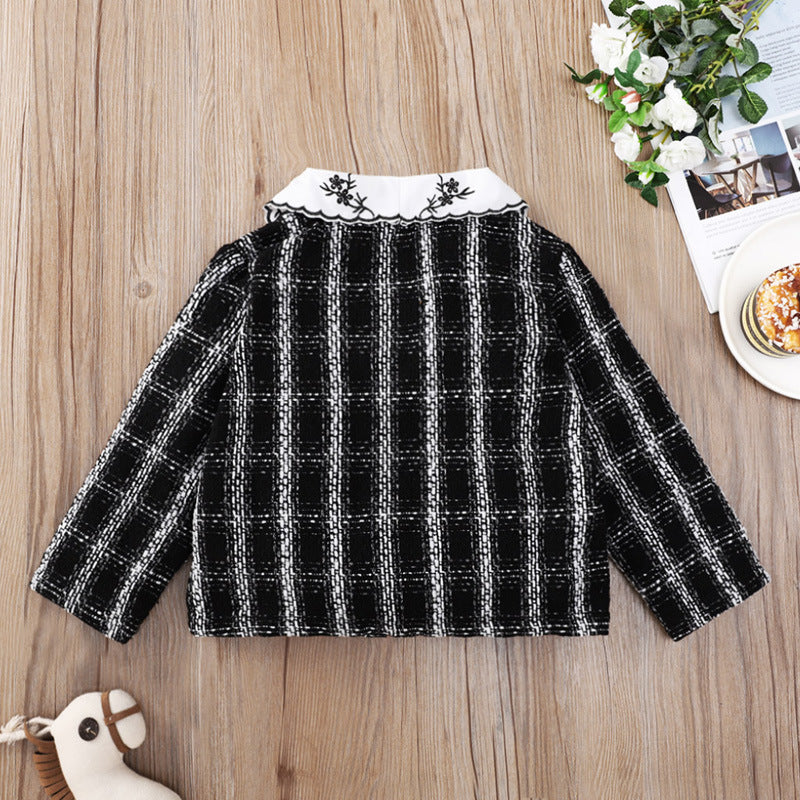 Check Coat With Floral Pattern Collar Wholesale Girls Coat - PrettyKid