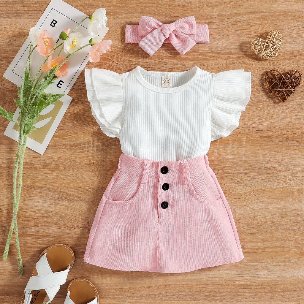 Baby Girl White Ribbed Top And Corduroy Skirt And Headband Baby Outfit Sets - PrettyKid