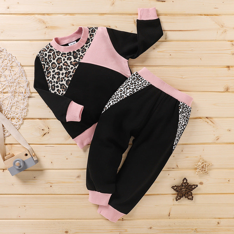 Colorblock Leopard Print Sweatshirt And Trousers Toddler Boy Outfit Sets - PrettyKid