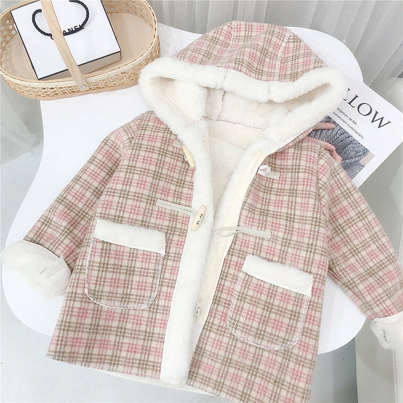 Apricot Padded Thickened Faux Rabbit Fur Tweed Jacket Girls Clothing Wholesale - PrettyKid