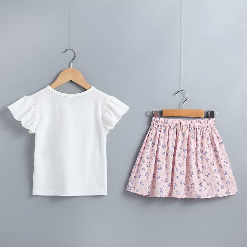 Toddler Girls Bowknot Decor Cartoon Girl Top & Floral Skirt - PrettyKid