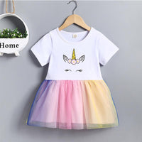 Girl's Short Sleeve Cartoon Printing Mesh Splice Dress - PrettyKid