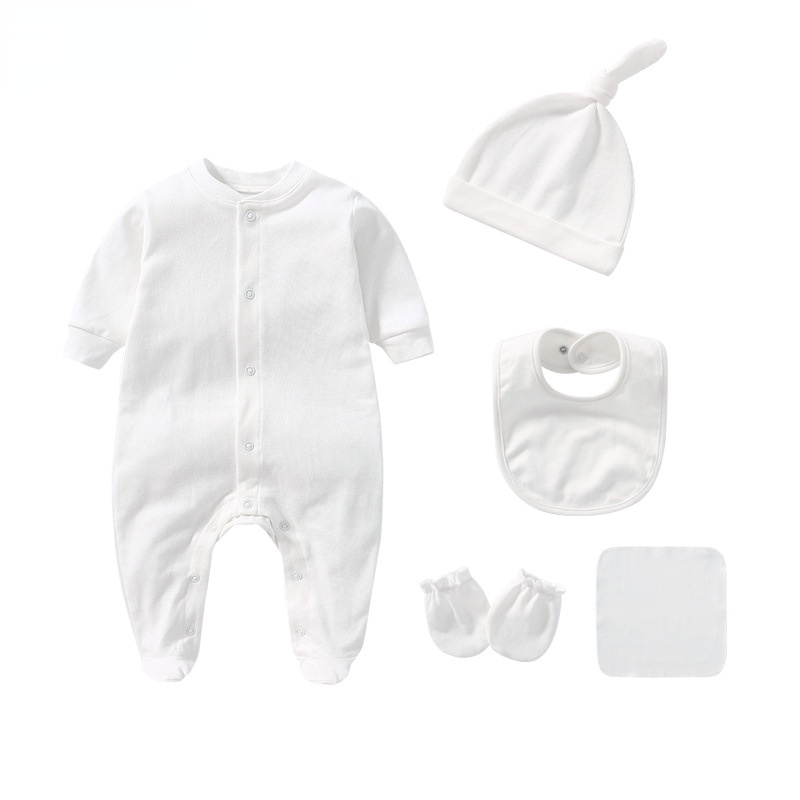 Baby Boys Girls Solid Color Long-sleeved Cotton Jumpsuit Hat Bib Gloves Square Scarf Five Piece Set - PrettyKid
