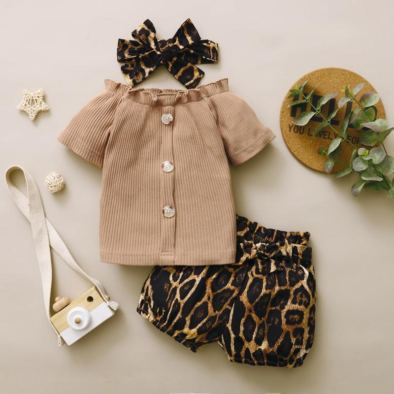 Baby Girl 3pcs Leopard Pattern Suit T-Shirt & Short & Headhand - PrettyKid