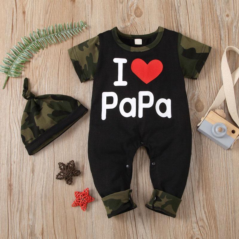 Baby Letter Graphic Camouflage Print Jumpsuit & Hat - PrettyKid