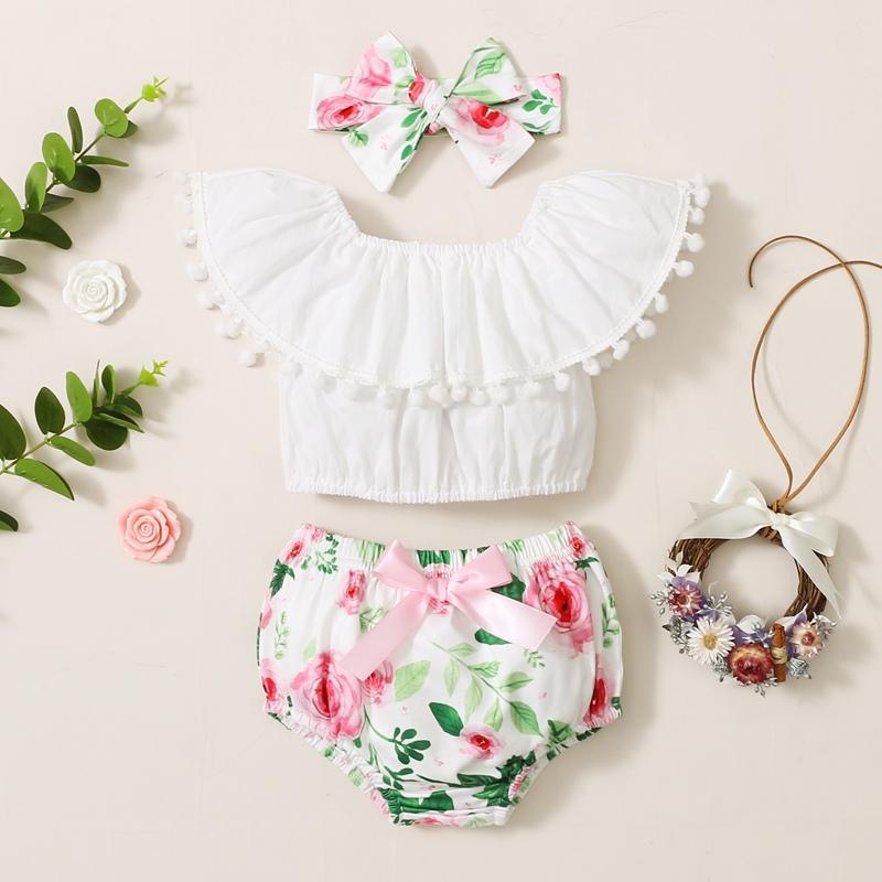 Baby Girl Ruffle Top & Letter Super Shorts & Bowknot Headband - PrettyKid