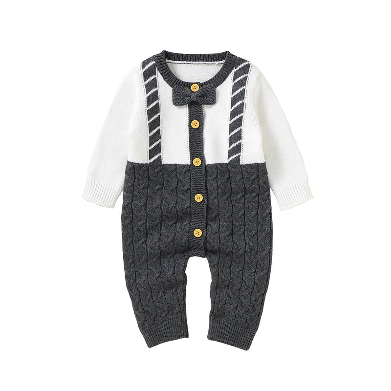 0-18M Long-Sleeve Knitted Bow Color-Block Buttoned Bodysuit Wholesale Baby Clothes - PrettyKid