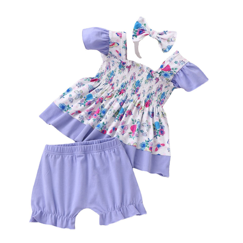 0-18M Baby Girls Sets Floral Flutter Sleeve Smocked Tops & Shorts & Headband Wholesale Baby Clothes - PrettyKid