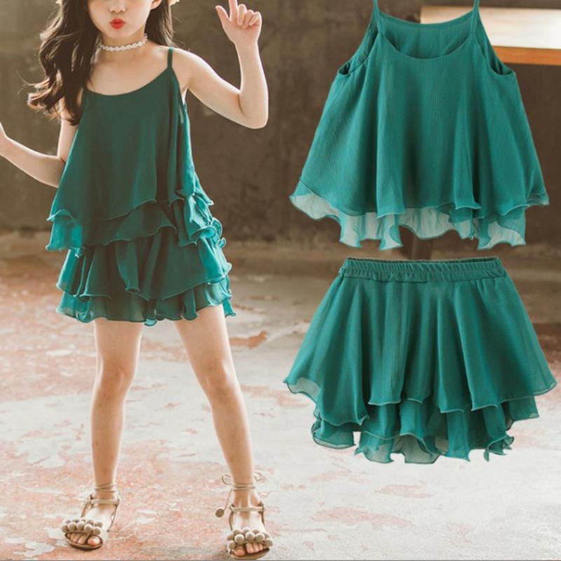 Girl Solid Color Tiered Chiffon Cami Top & Shorts - PrettyKid