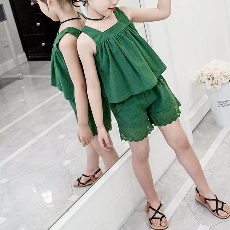 Kid Girl Solid Color Back Button Cami Top & Shorts - PrettyKid