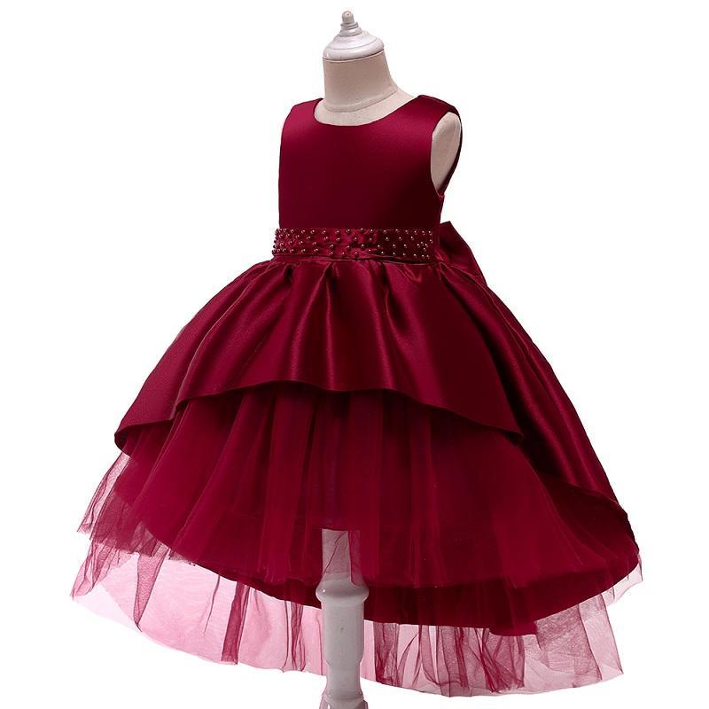 Girl Solid Color Bow Decor Sleeveless Mesh Hem Formal Dress - PrettyKid
