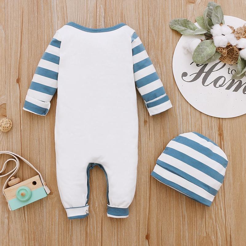 Striped Letter Print Long-sleeved Jumpsuit with Hat - PrettyKid