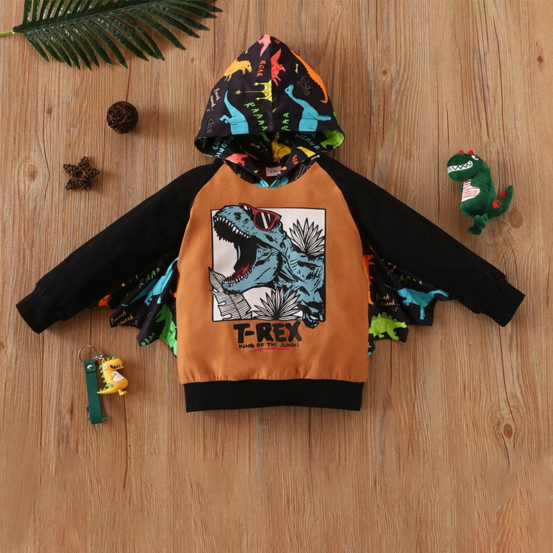 Toddler Boy Dinosaur Pattern Color-block Hoodie - PrettyKid
