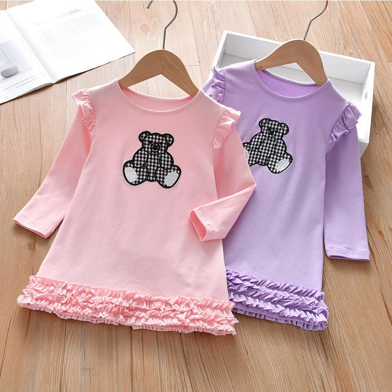 kid clothing vendors for boutiques Toddler Girl Bear Pattern Ruffle Decor Dress - PrettyKid