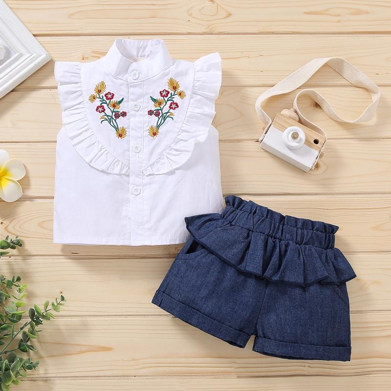 Grow Girl Sleeveless Embroidery Floral Top & Denim Shorts - PrettyKid