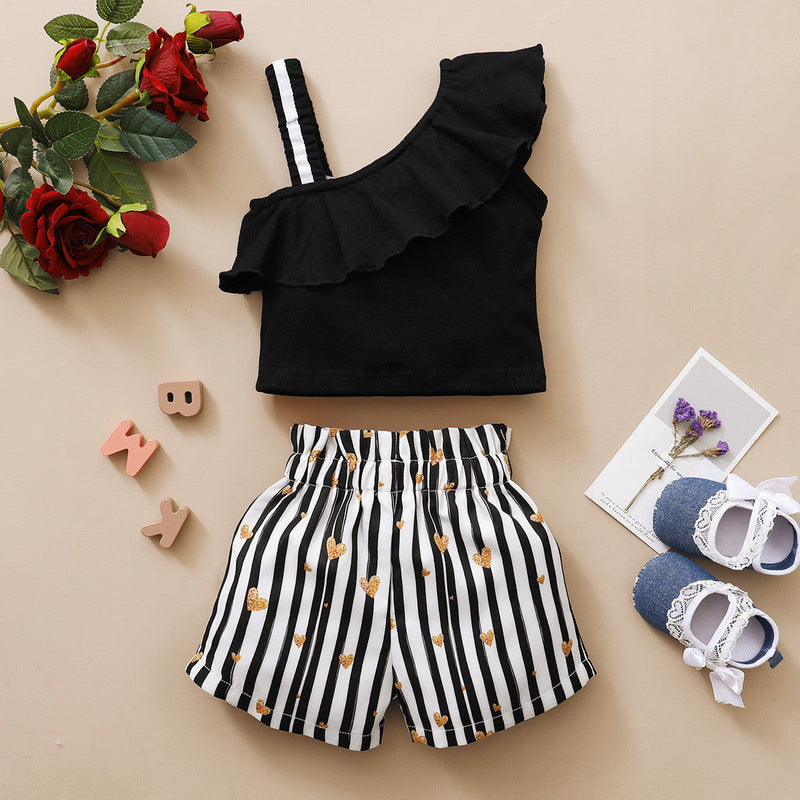 12M-5Y Wooden Ear One-Shoulder Sling Print Striped Shorts Suit Toddler Girl Wholesale Clothing - PrettyKid